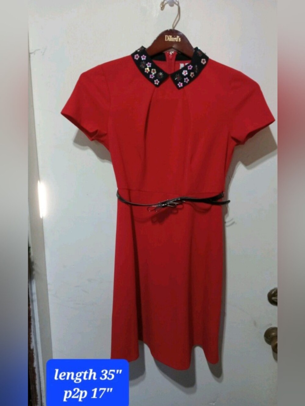 Red Embellished Collar Fit & Flare Dress